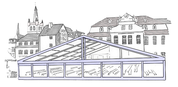 Zeichnung mobile Architektu vor Stadtansichtr